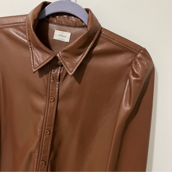 Aritzia Wilfred Mila Faux Leather Puff Sleeve Button Down Shirt Brown sz Small - Picture 4 of 15